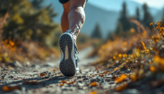 Close up of leg running on a mountain path