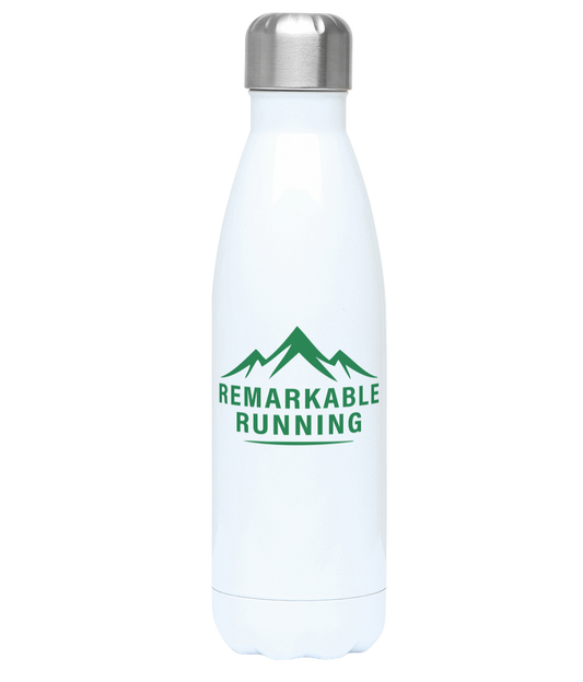 White water bottle with 'Remarkable Running' logo on a white background