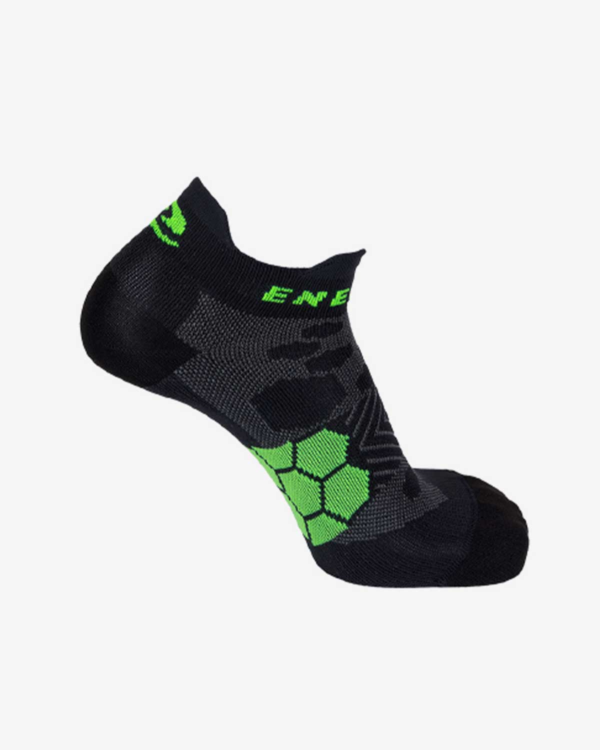 Black sock with green patterns and branding on a white background