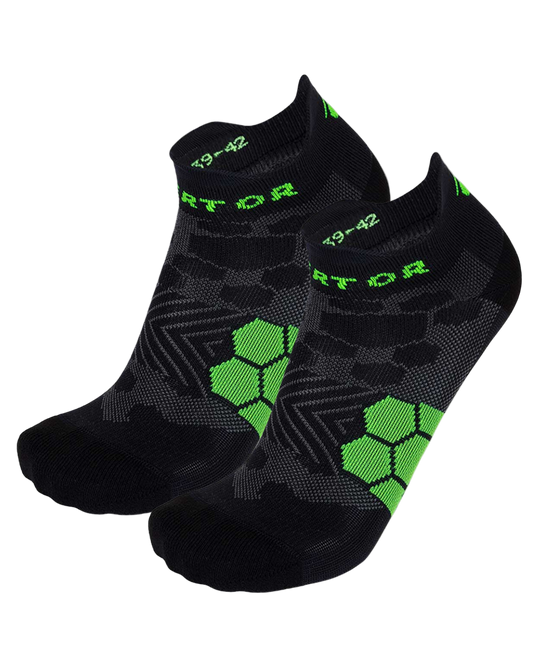Two pairs of black socks with green patterns and branding on a white background