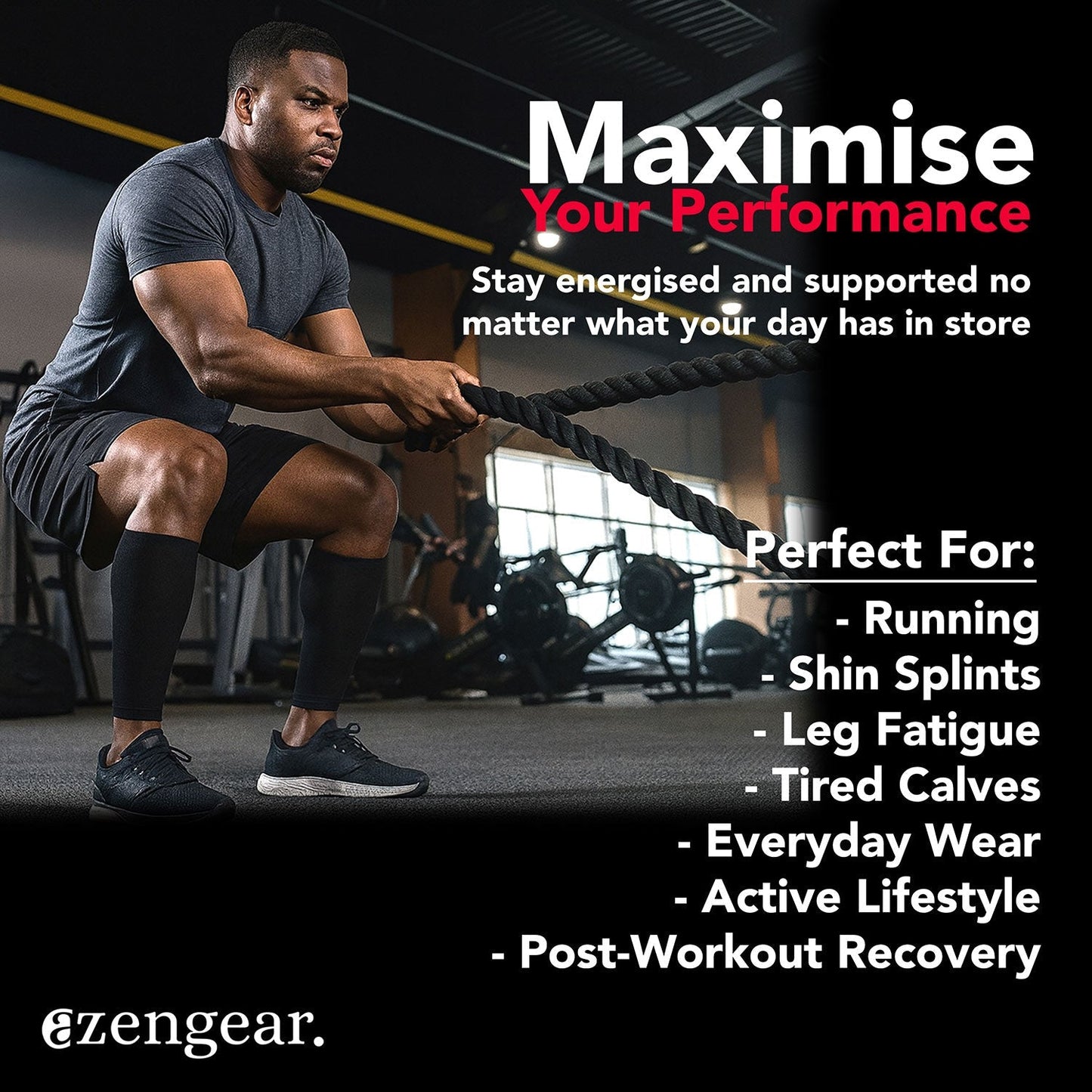 Man exercising with resistance ropes in a gym setting, promotional text for ezengear products.
