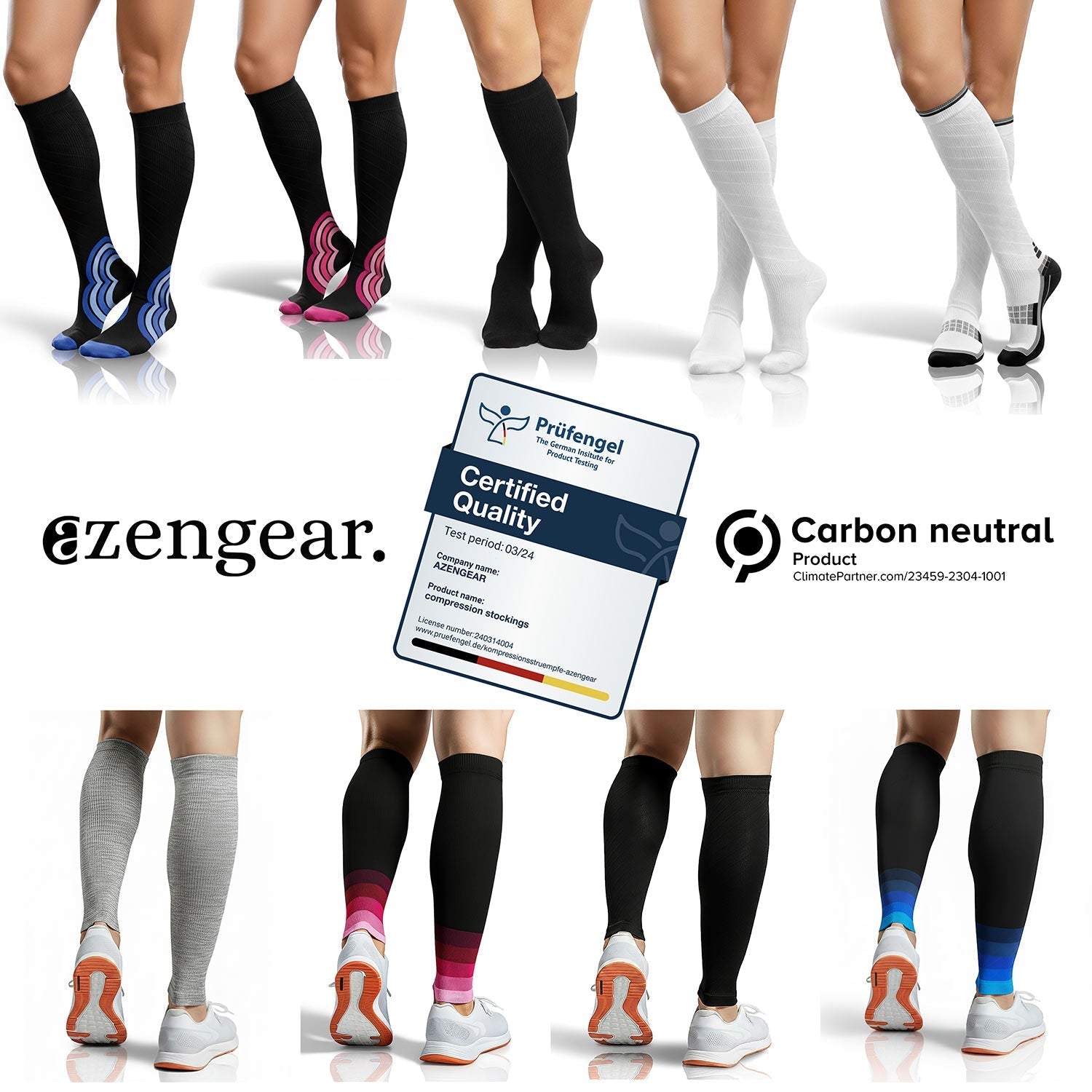 Display of various socks with eZengear branding and certification badge on a white background