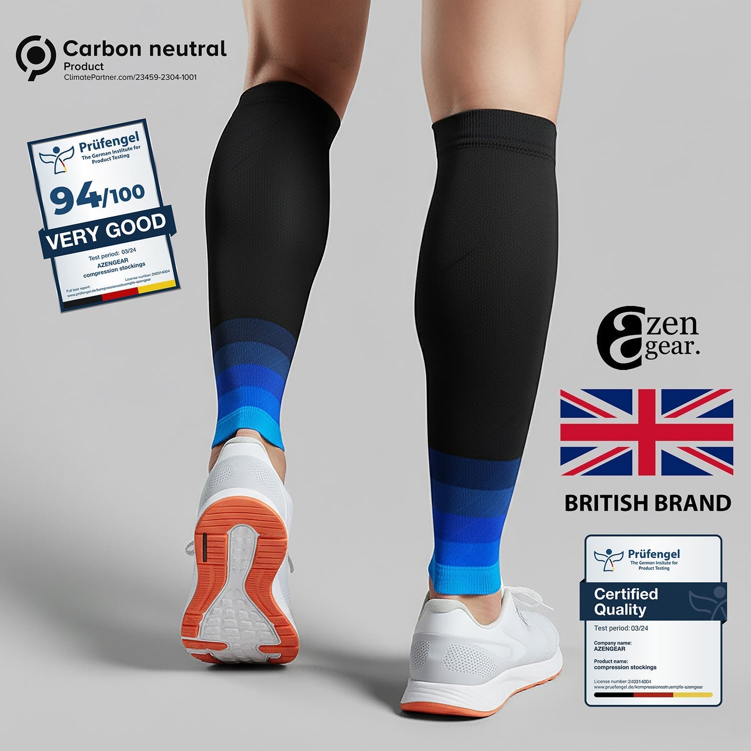 Legs wearing black and blue compression sleeves with white sneakers on a gray background, featuring Zen Gear branding and certification logos.