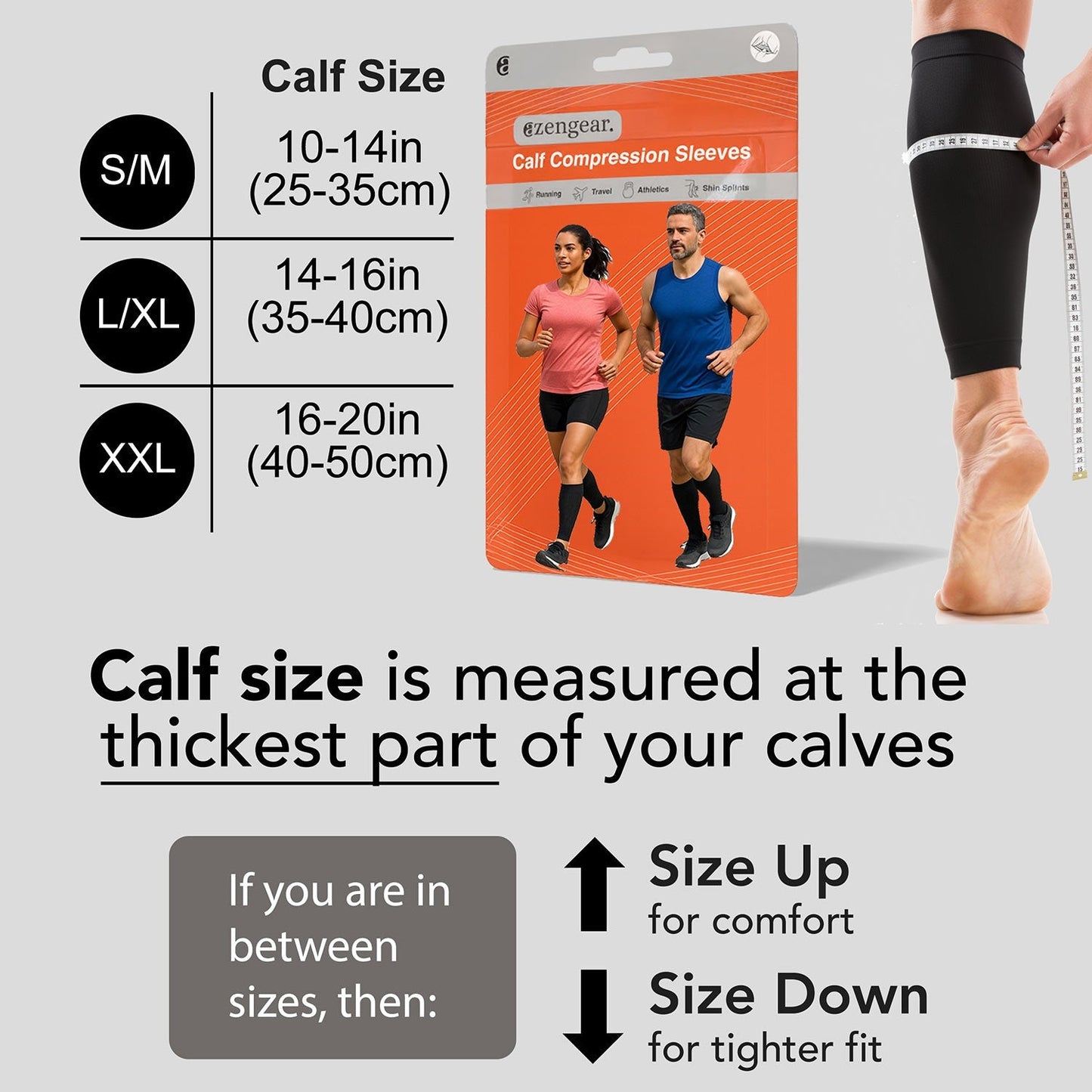 GZENGEAR calf compression sleeves packaging with size chart and measurement guide.