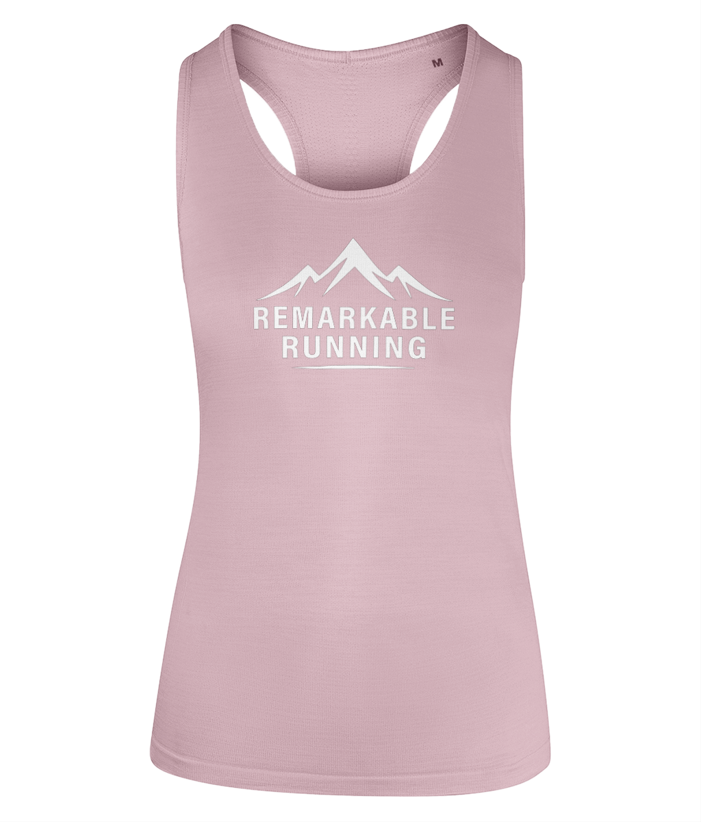 Woman's Pink multi-sport flex vest with 'Remarkable Running' logo