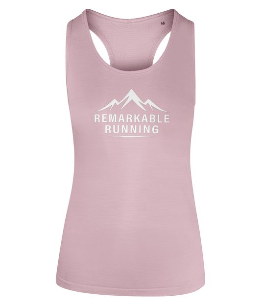 Woman's Pink multi-sport flex vest with 'Remarkable Running' logo