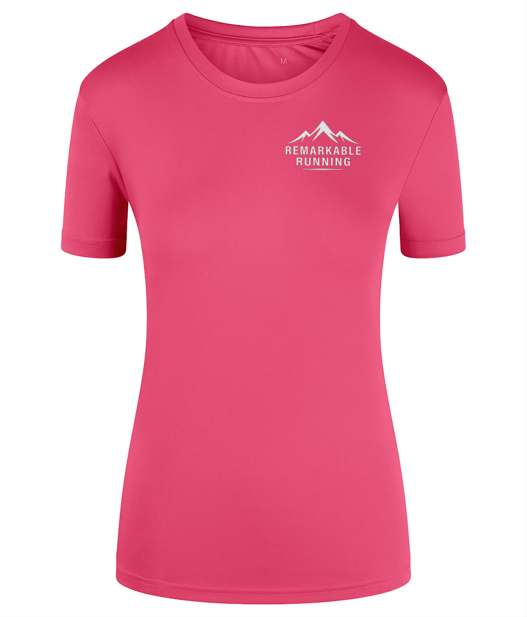 Bright Pink TriDri Running Women's T-Shirt with 'Remarkable Running' logo