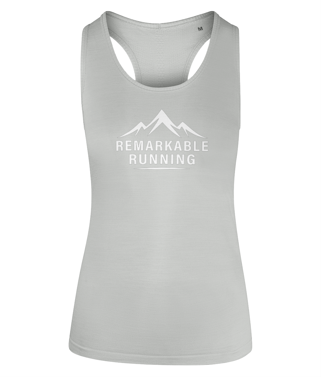 Woman's Light Green multi-sport flex vest with 'Remarkable Running' logo