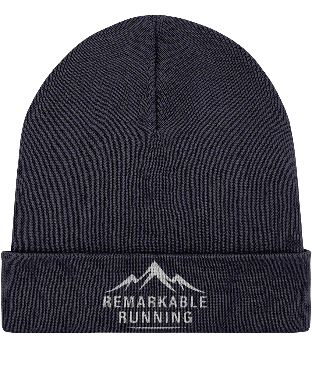 Navy 'Remarkable Running' branded woolly hat with foldable brim