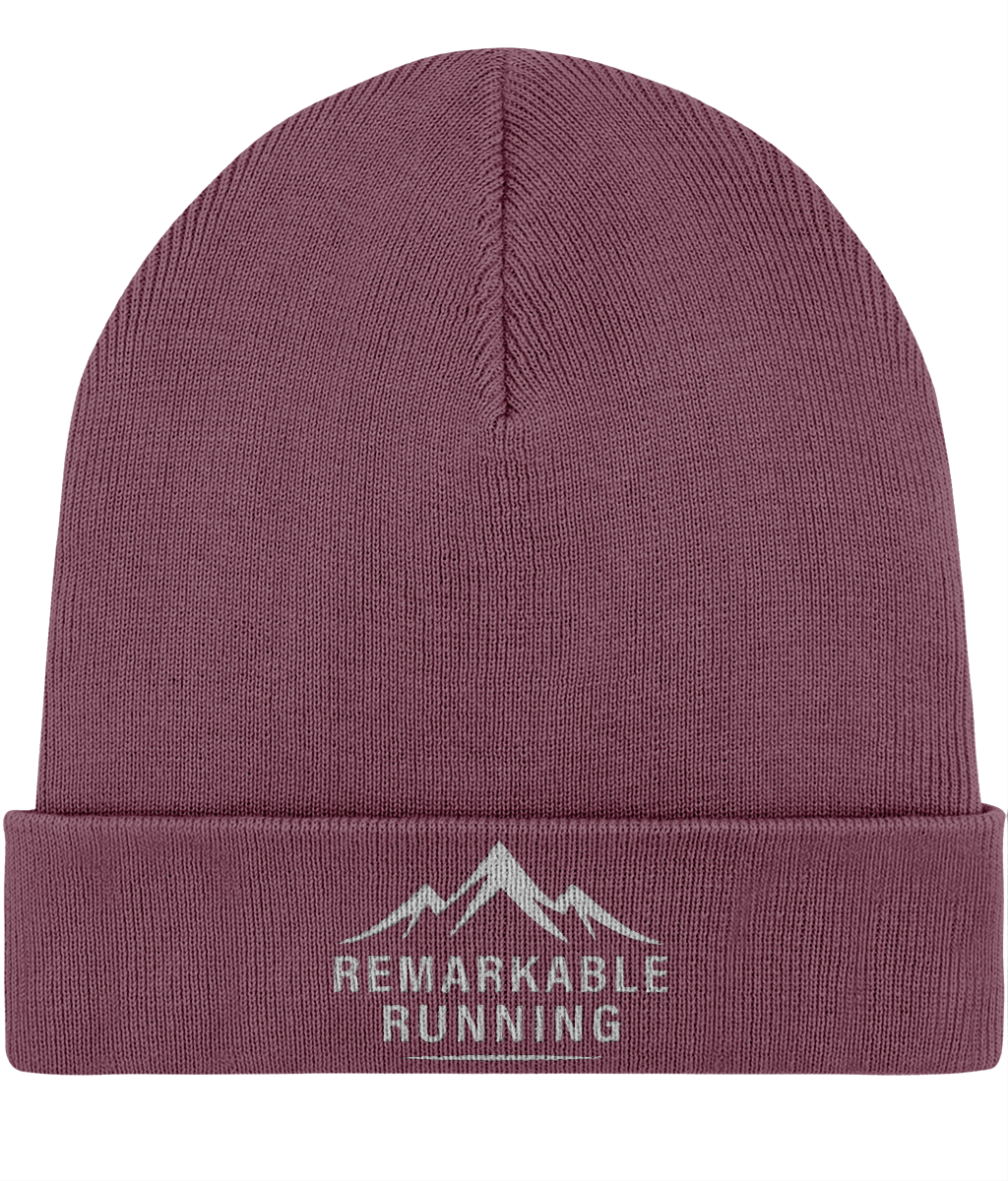 Burgundy 'Remarkable Running' branded woolly hat with foldable brim
