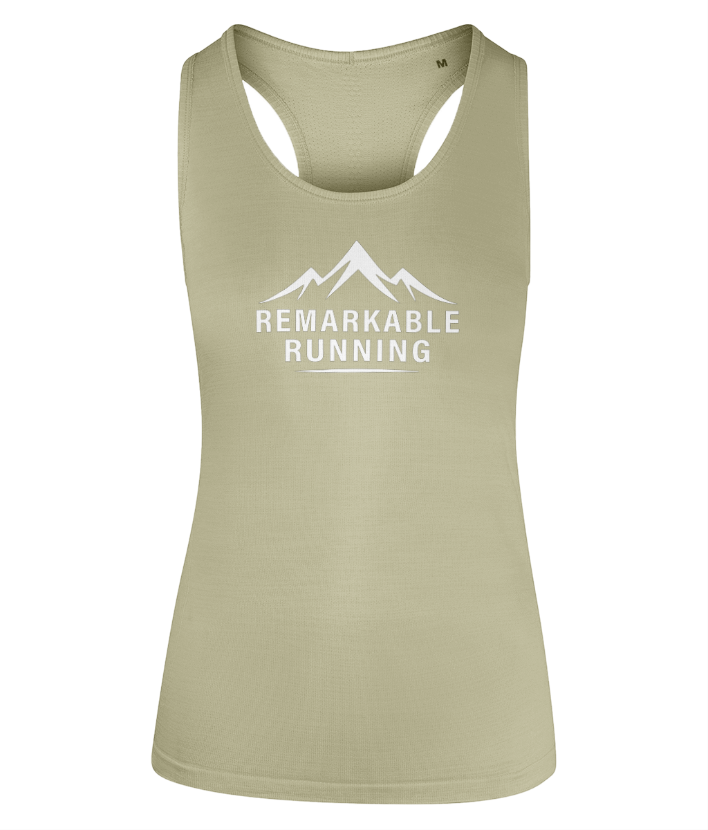 Woman's Green multi-sport flex vest with 'Remarkable Running' logo