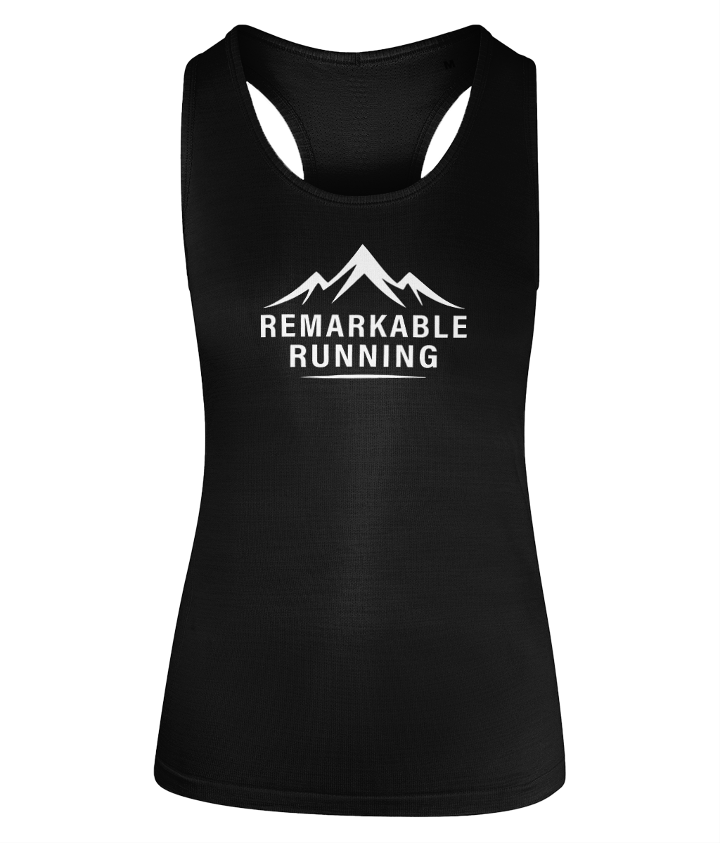 Woman's Black multi-sport flex vest with 'Remarkable Running' logo