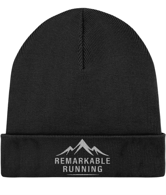 Black 'Remarkable Running' branded woolly hat with foldable brim