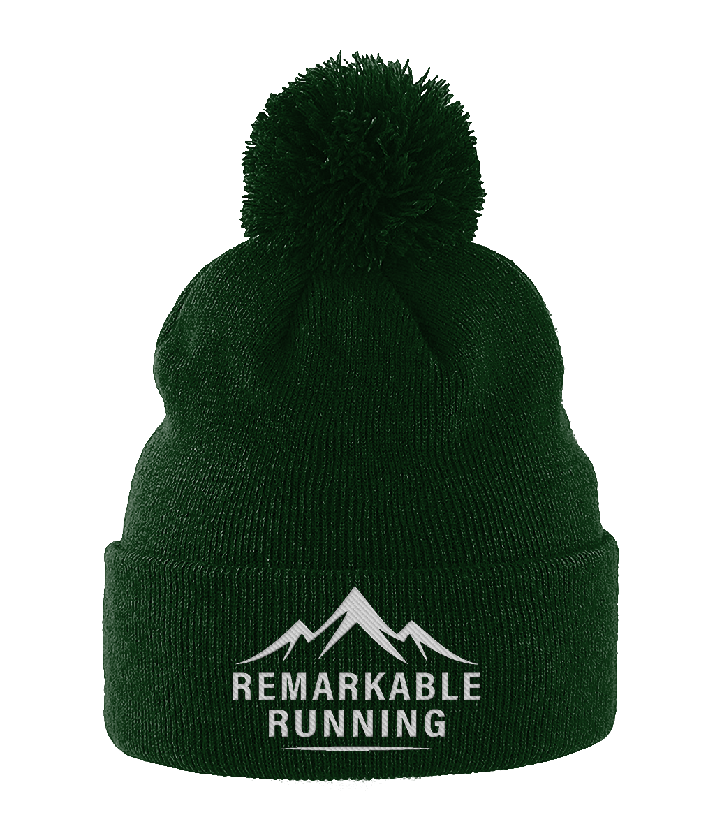 Green Pom Pom Beanie Hat with 'Remarkable Running' logo