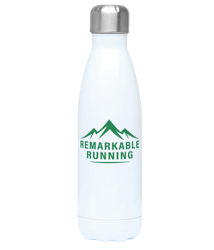 White water bottle with 'Remarkable Running' logo on a white background