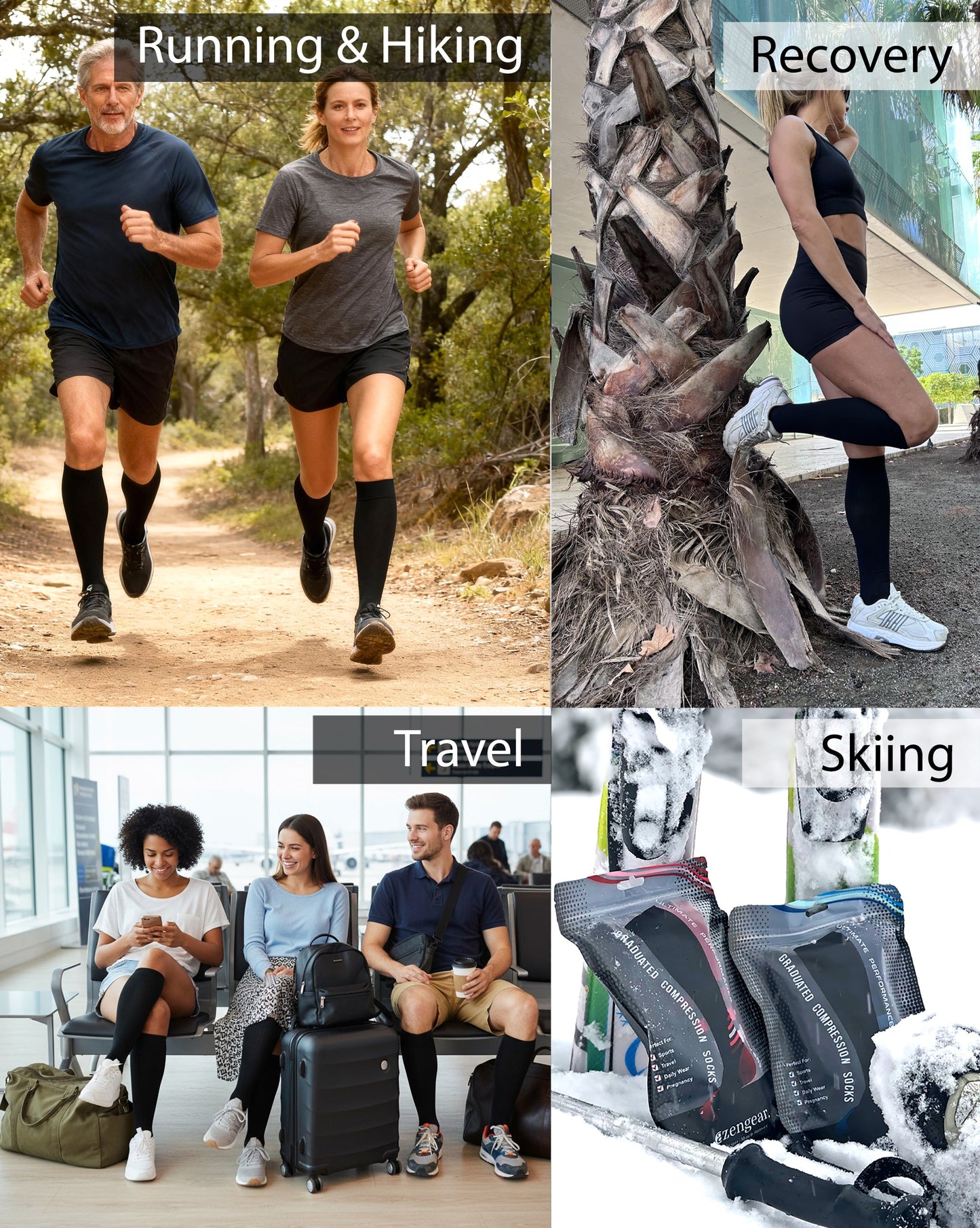 Collage of people in various activities with text labels 'Running & Hiking', 'Recovery', 'Travel', and 'Skiing'.