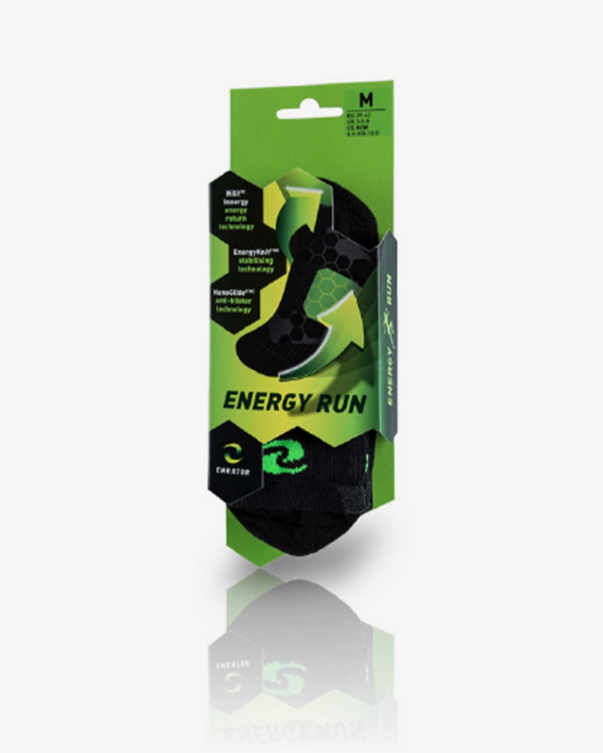 Green packaging of energy run socks on a white background