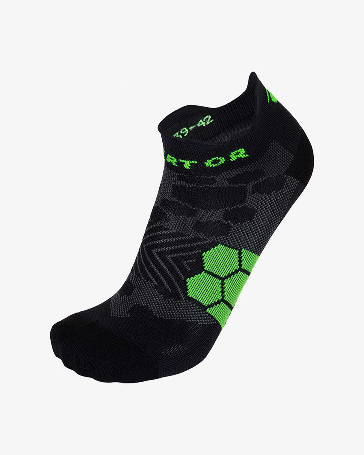Black sock with green patterns and branding on a white background