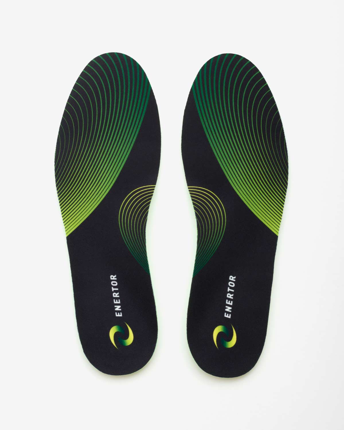 Pair of black and green shoe insoles with 'Enerutor' branding on a white background