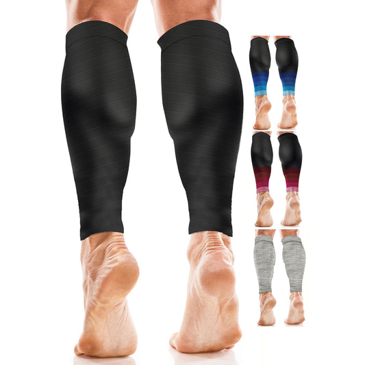 Black compression leg sleeves on a person's legs with additional color options displayed.