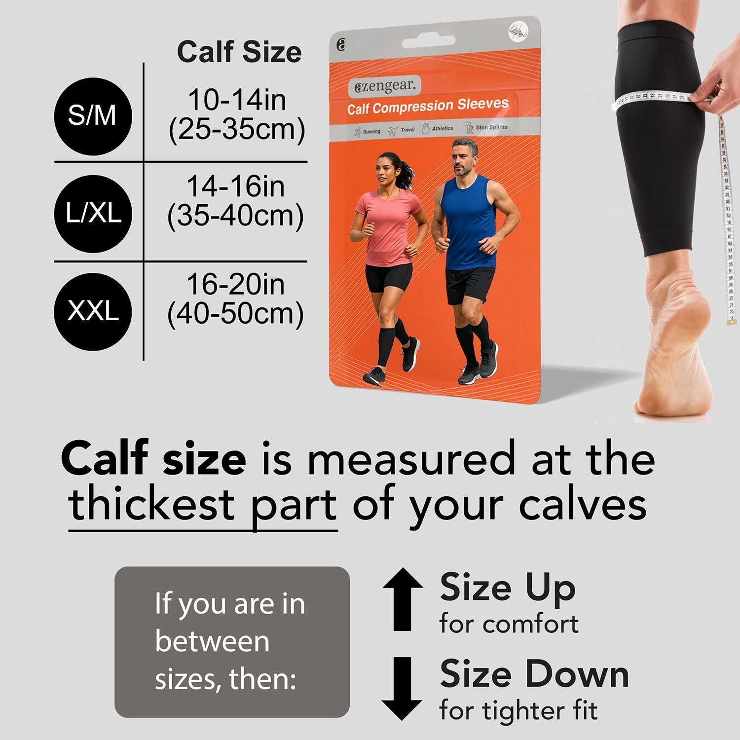 GZENGEAR calf compression sleeves packaging with size chart and measurement guide.