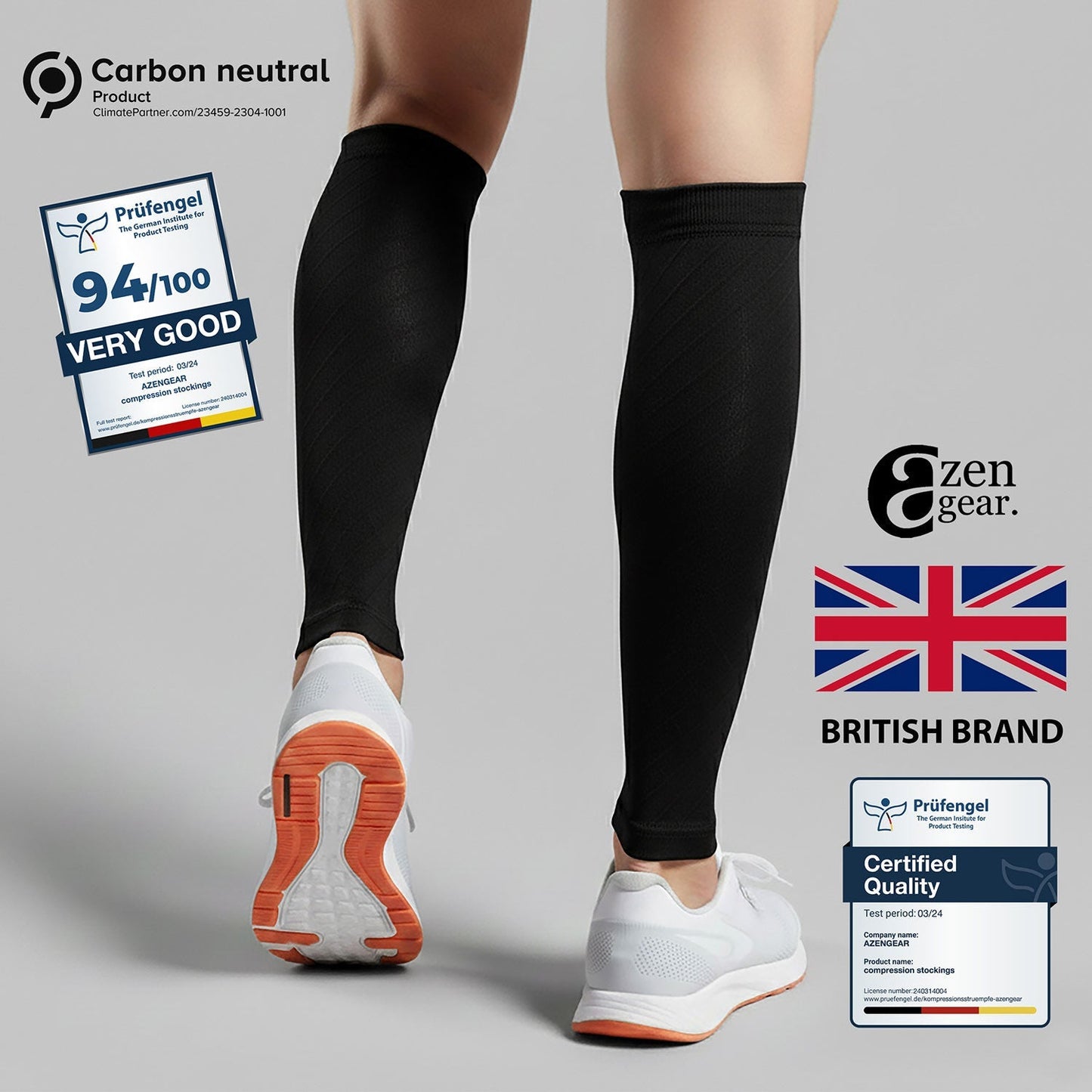 Person wearing black compression sleeves on legs with 'Ozen Gear' branding and certification logos.
