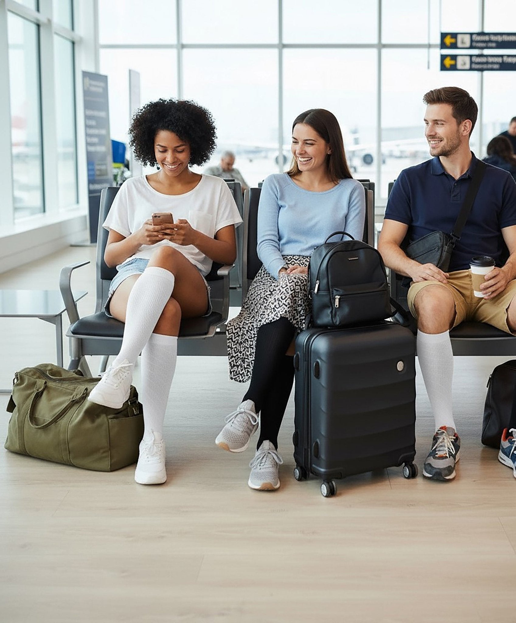 Three people sitting in an airport terminal with luggage.