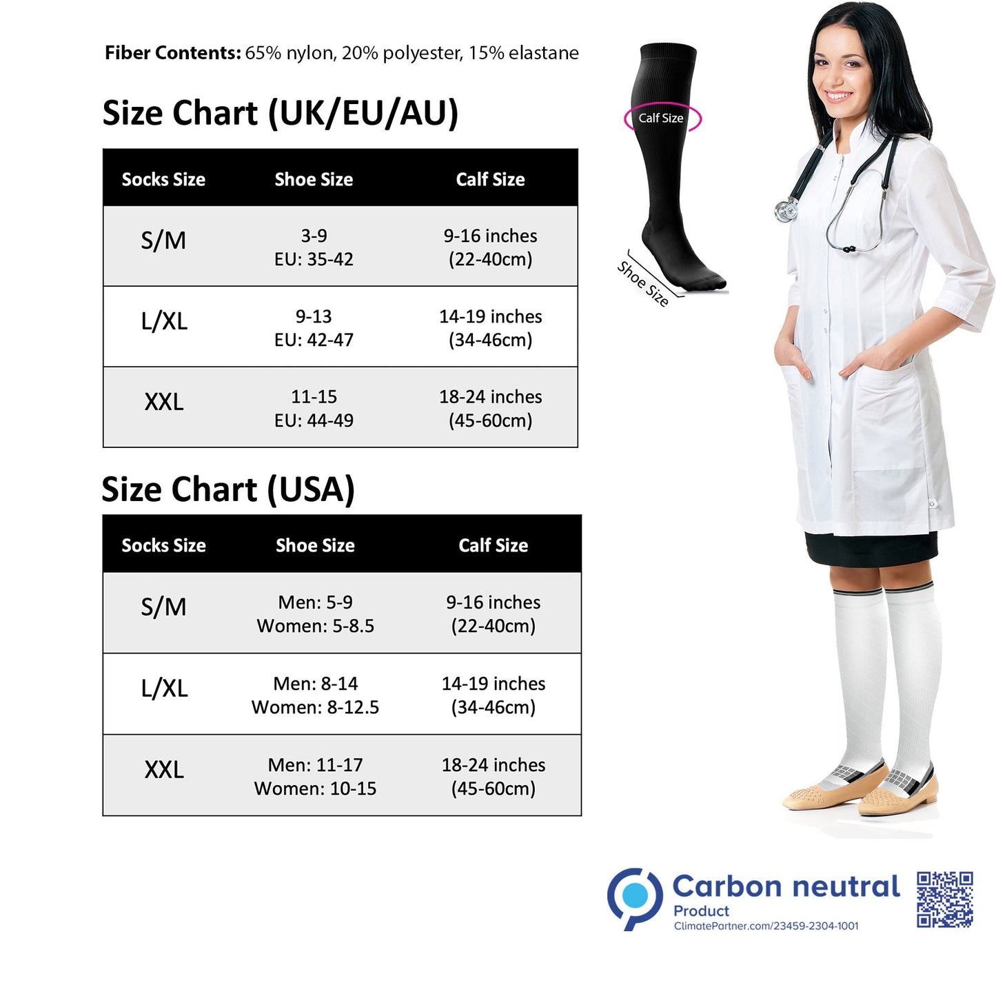 Size chart for socks with a doctor wearing white socks and a stethoscope, and carbon neutral product label.