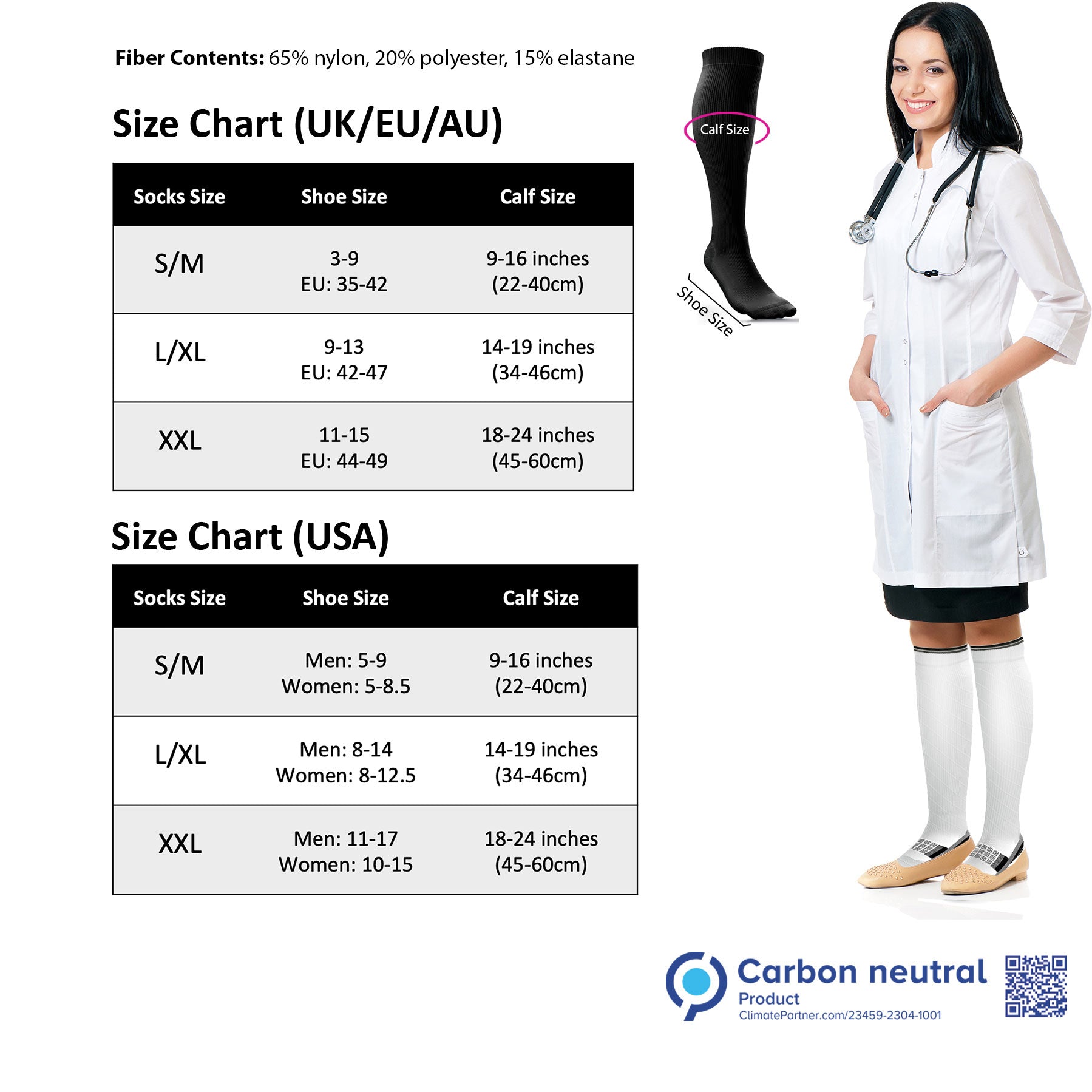 Size chart for socks with a doctor wearing white socks and a stethoscope, and carbon neutral product label.