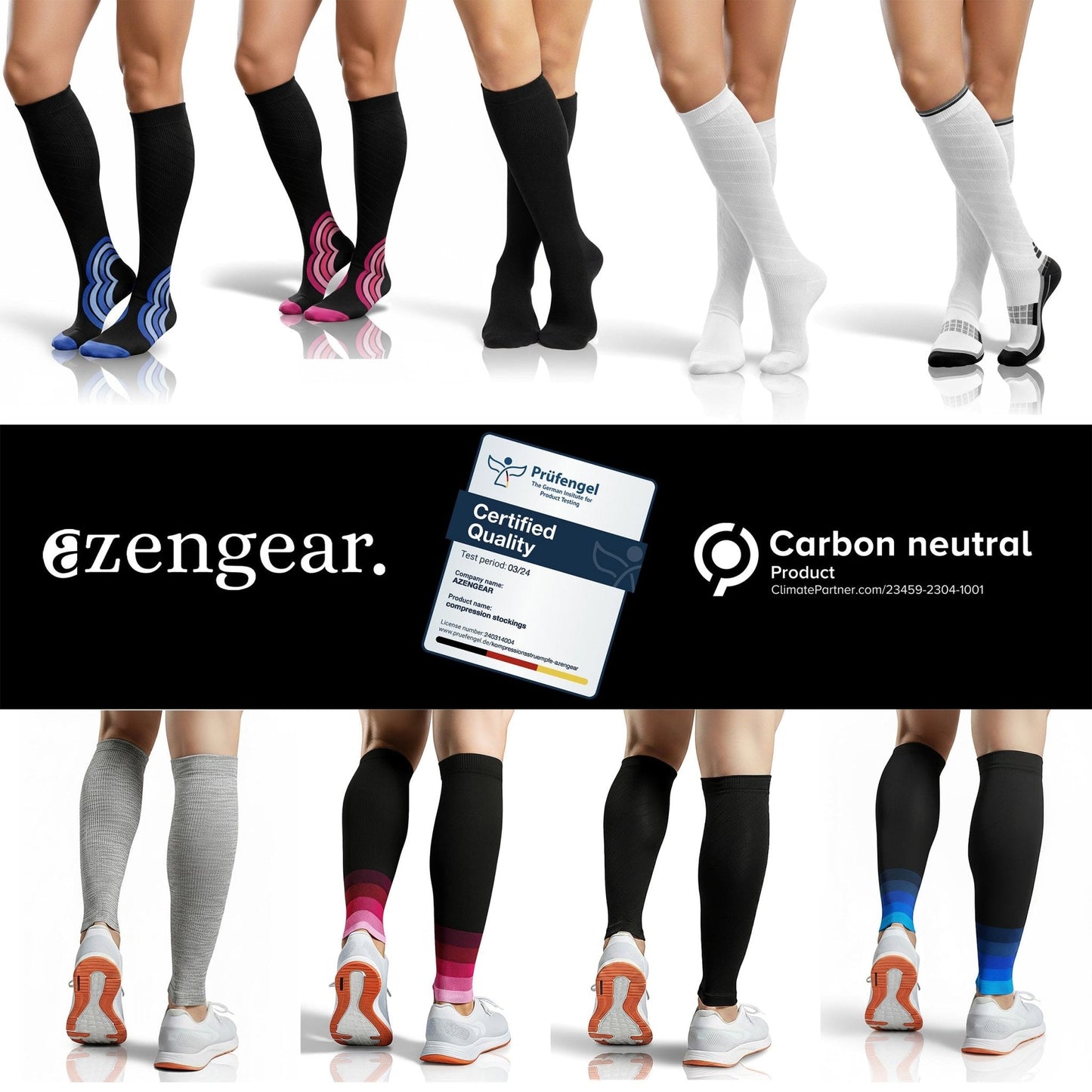 Display of various socks with eZengear branding and carbon neutrality certification.