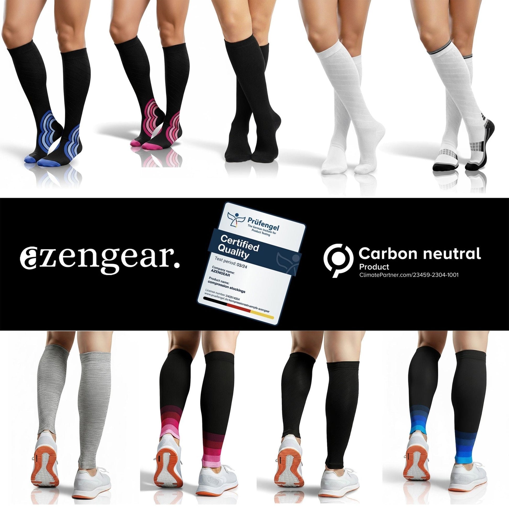 Display of various socks with eZengear branding and carbon neutrality certification.