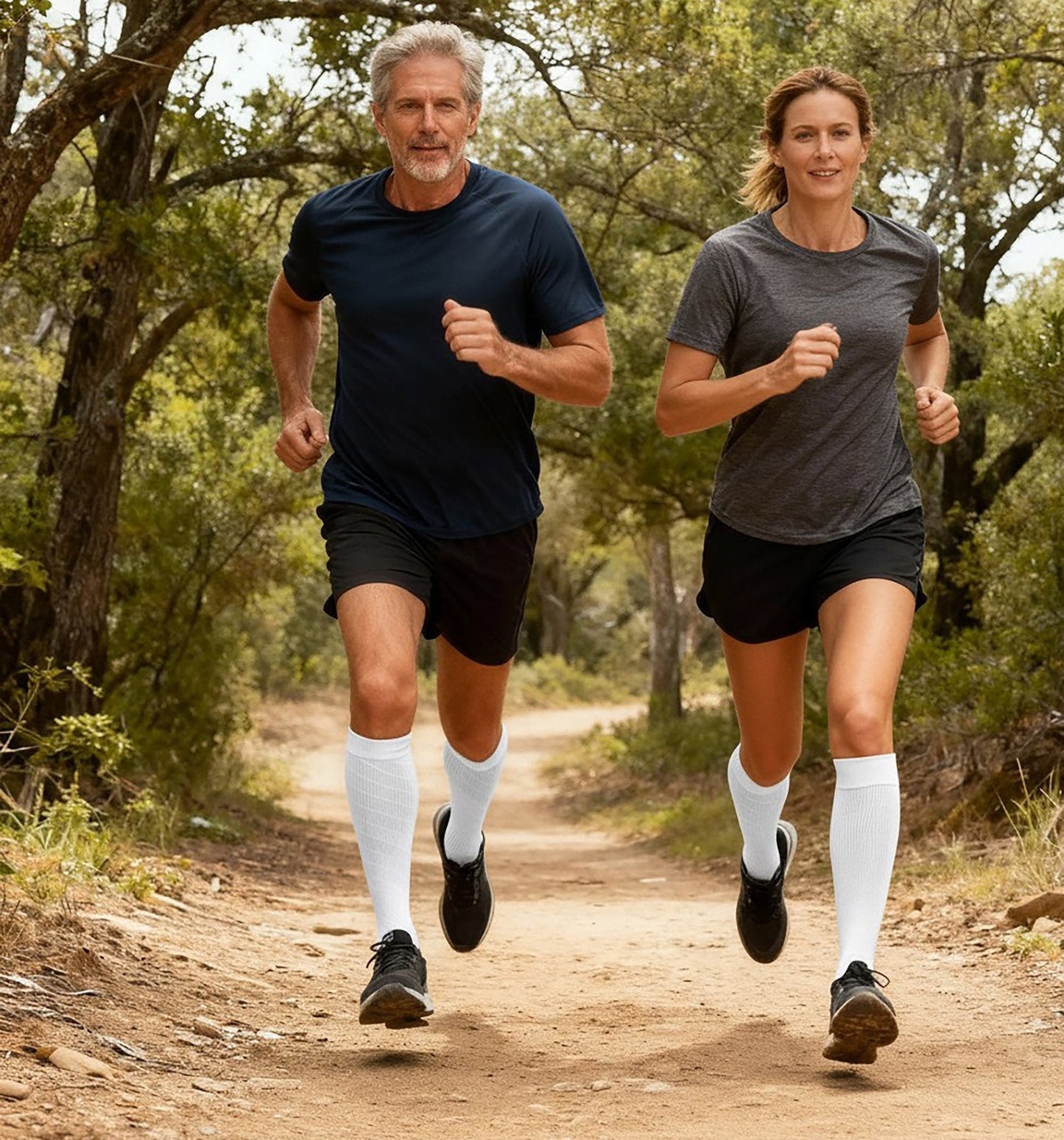 Man and woman running on a dirt path in a forest