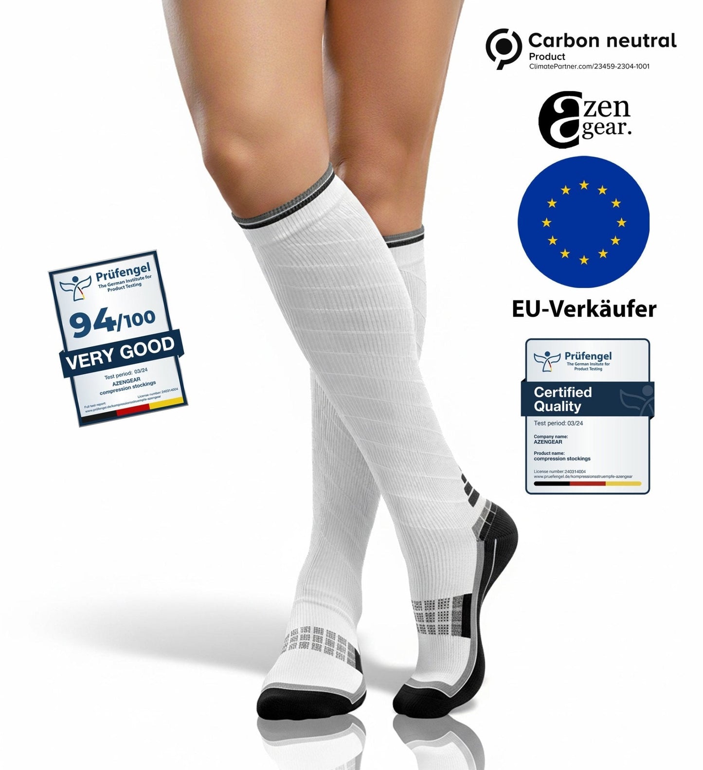 White knee-high socks with black toes and cuffs, displayed on a person's legs, with certification logos and text on a white background.