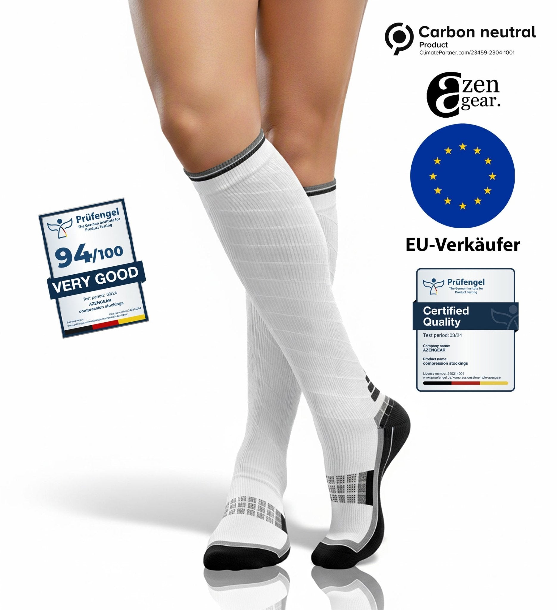 White knee-high socks with black toes and cuffs, displayed on a person's legs, with certification logos and text on a white background.