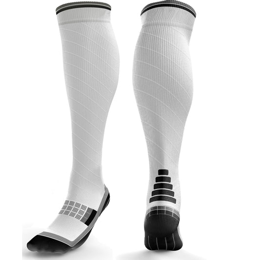 White knee-high socks with black accents on a white background