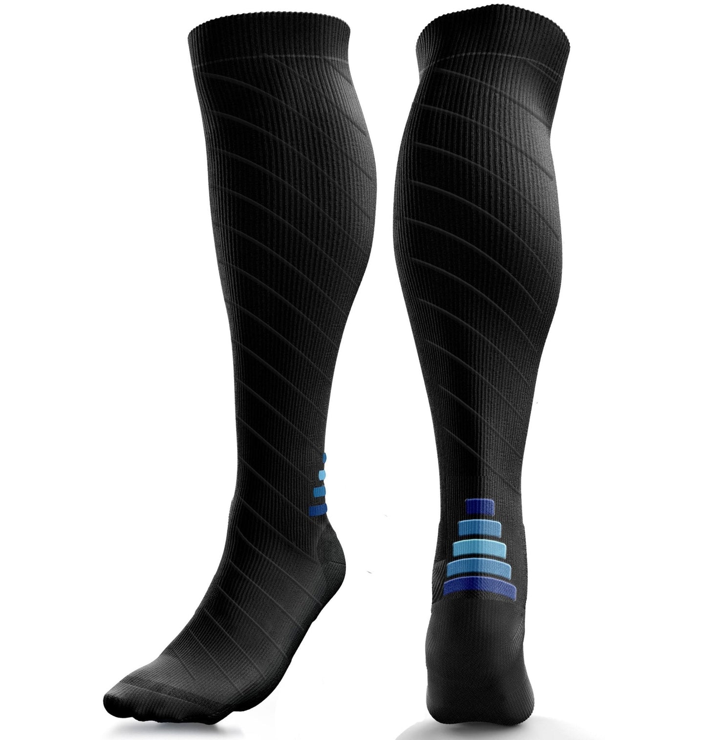 Pair of black knee-high socks with blue accents on a white background