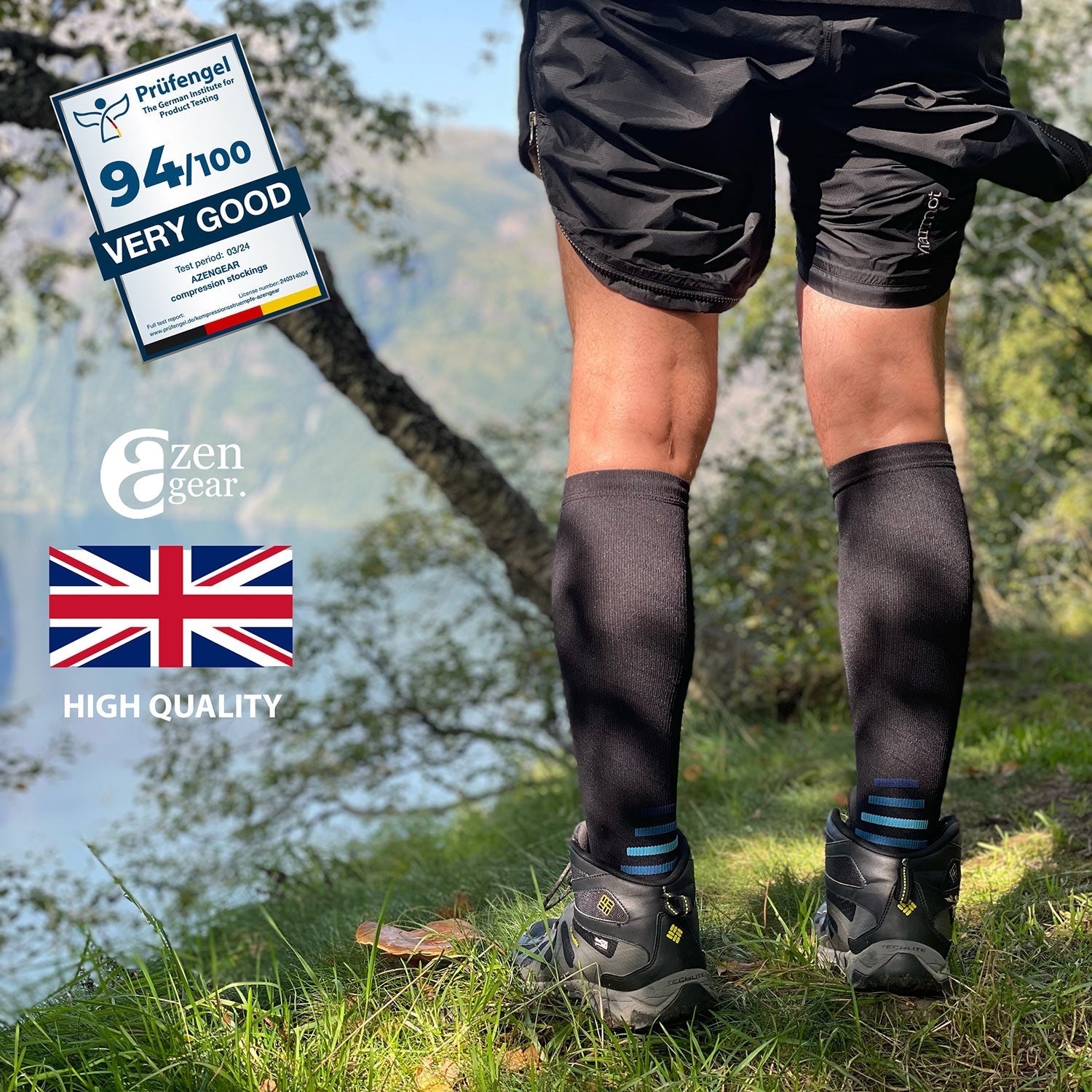 Person wearing black compression socks outdoors with Ezen Gear branding and certification badge.