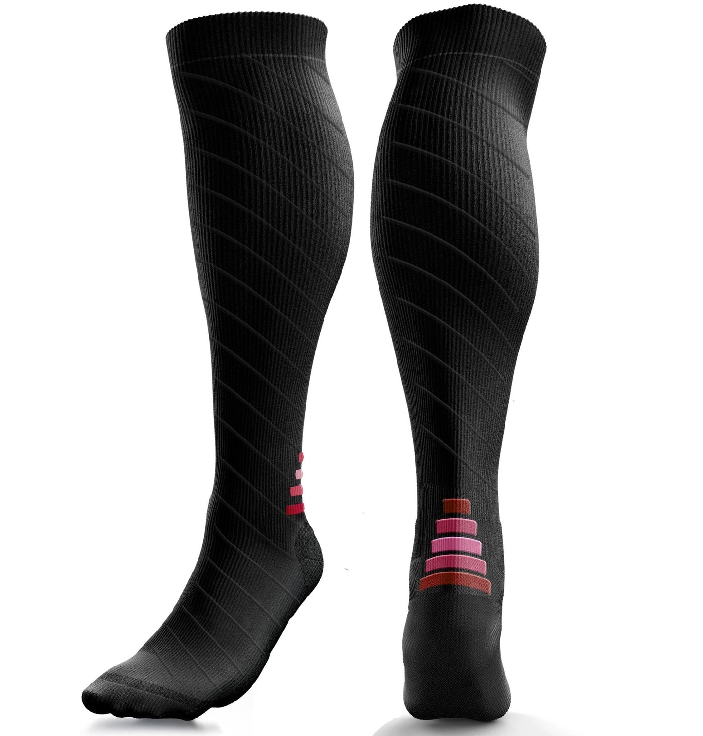 Black knee-high socks with red stripes on a white background
