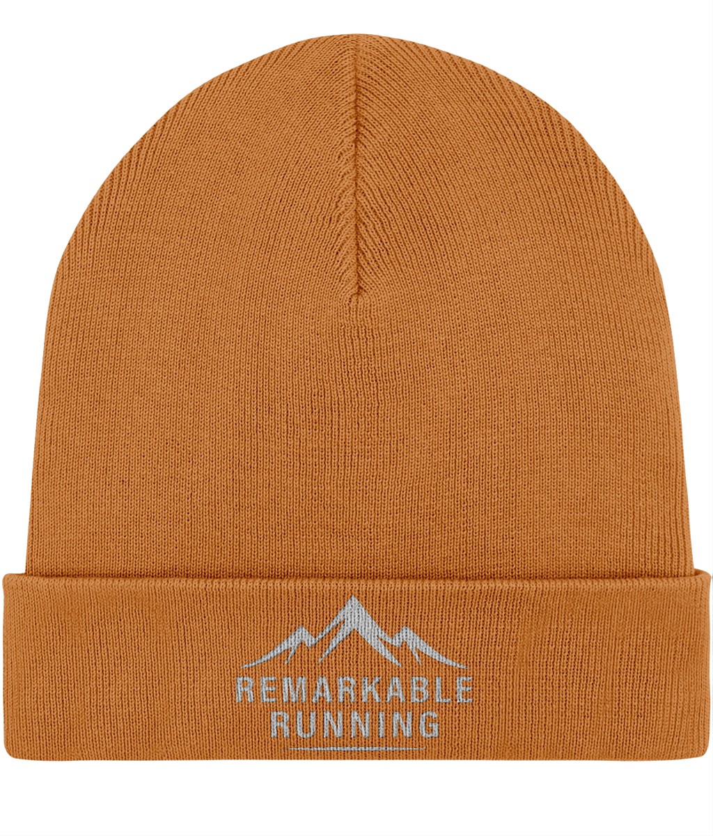 Orange 'Remarkable Running' branded woolly hat with foldable brim 