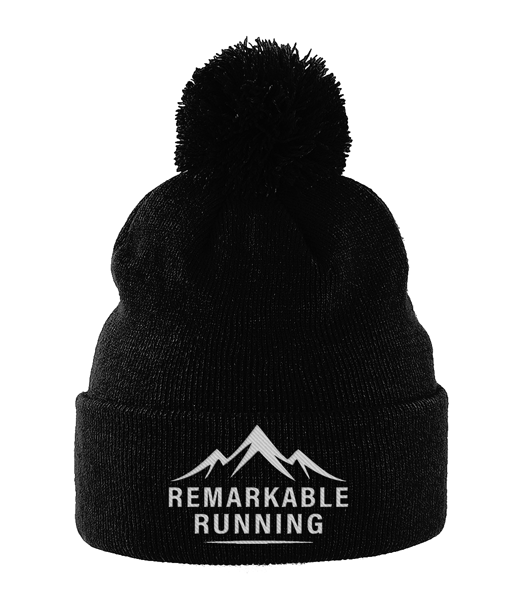 Black Pom Pom Beanie Hat with 'Remarkable Running' logo
