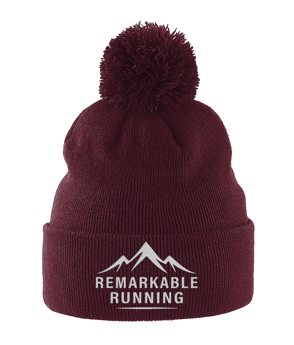 Burgundy Pom Pom Beanie Hat with 'Remarkable Running' logo