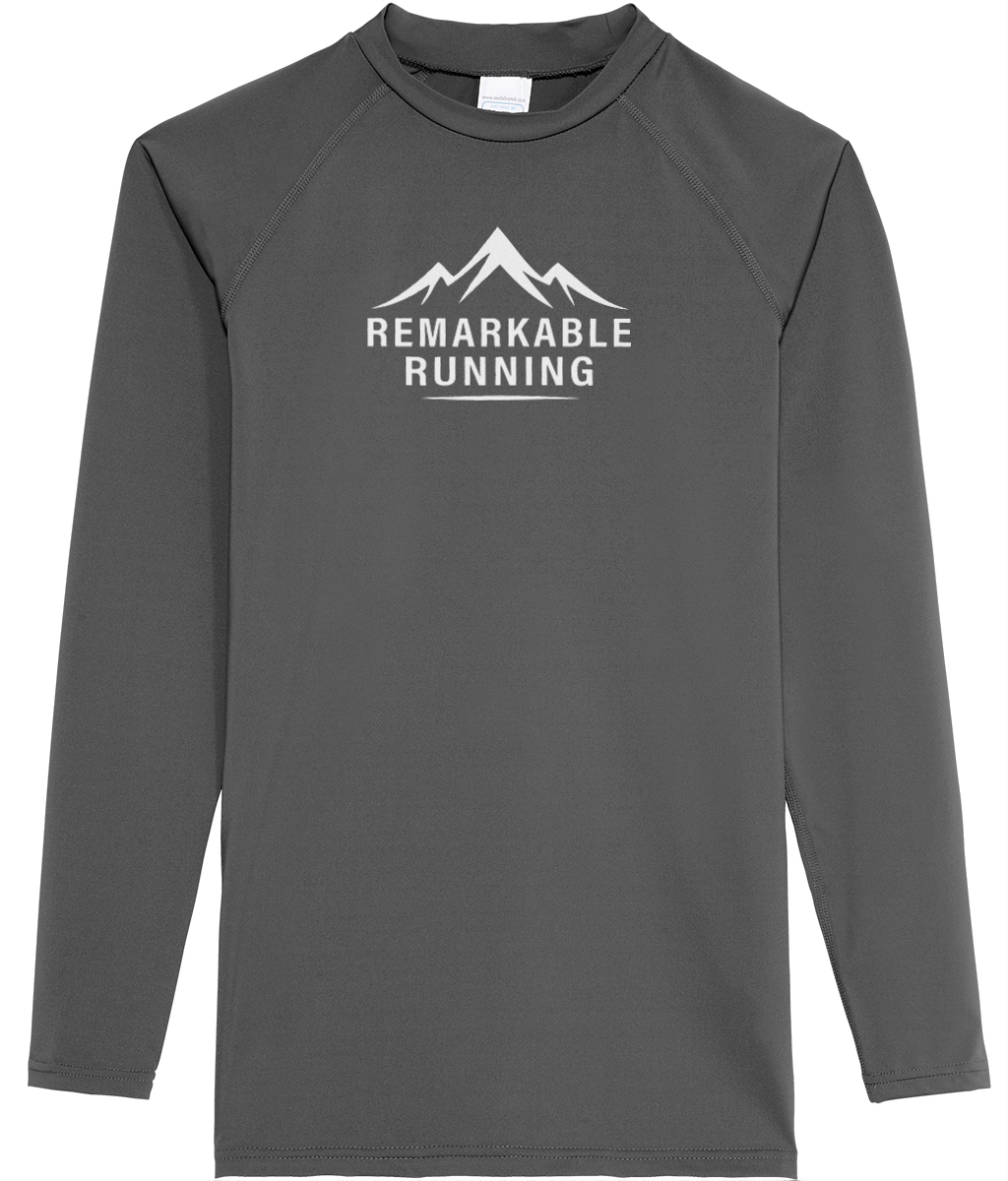 Front of Grey Long Sleeve Cool Men's T-Shirt with Remarkable Running logo