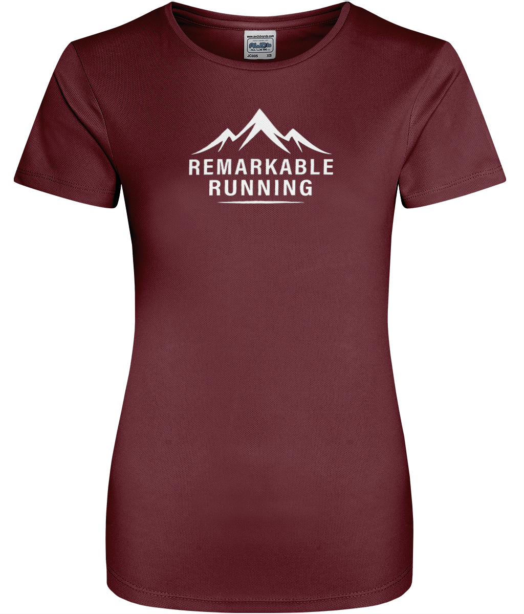 Women's Burgundy Cool T-Shirt with 'Remarkable Running' logo