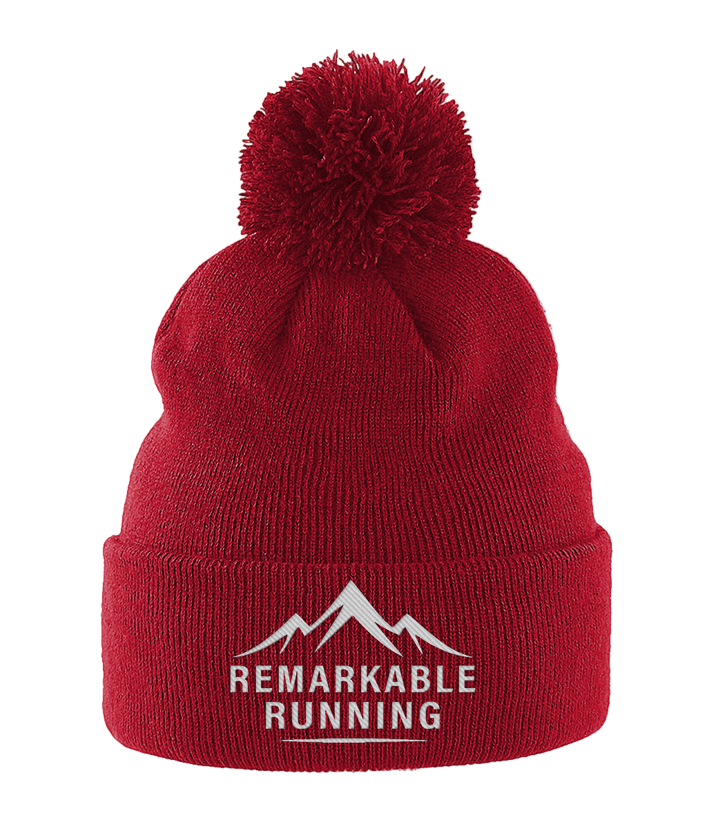 Red Pom Pom Beanie Hat with 'Remarkable Running' logo