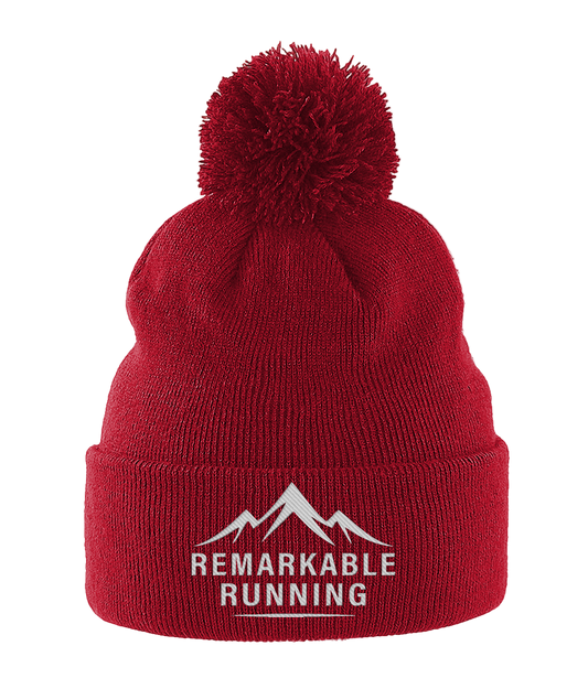Red Pom Pom Beanie Hat with 'Remarkable Running' logo