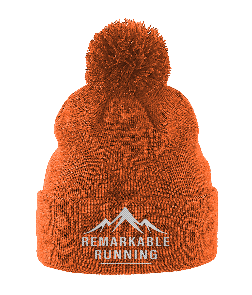 Orange Pom Pom Beanie Hat with 'Remarkable Running' logo