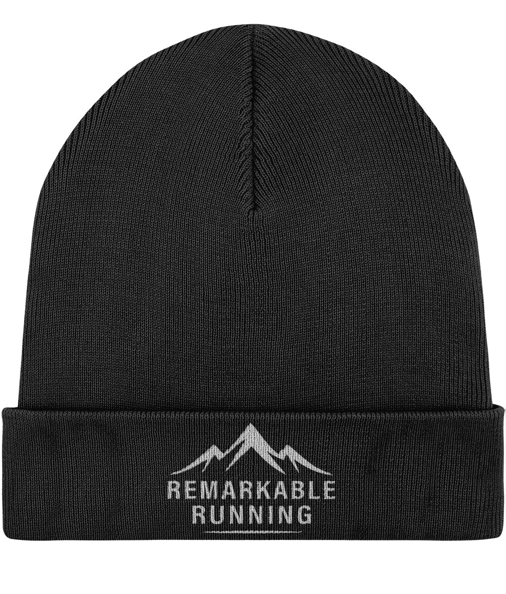 Black 'Remarkable Running' branded woolly hat with foldable brim 