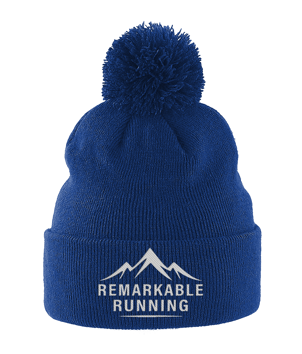 Blue Pom Pom Beanie Hat with 'Remarkable Running' logo