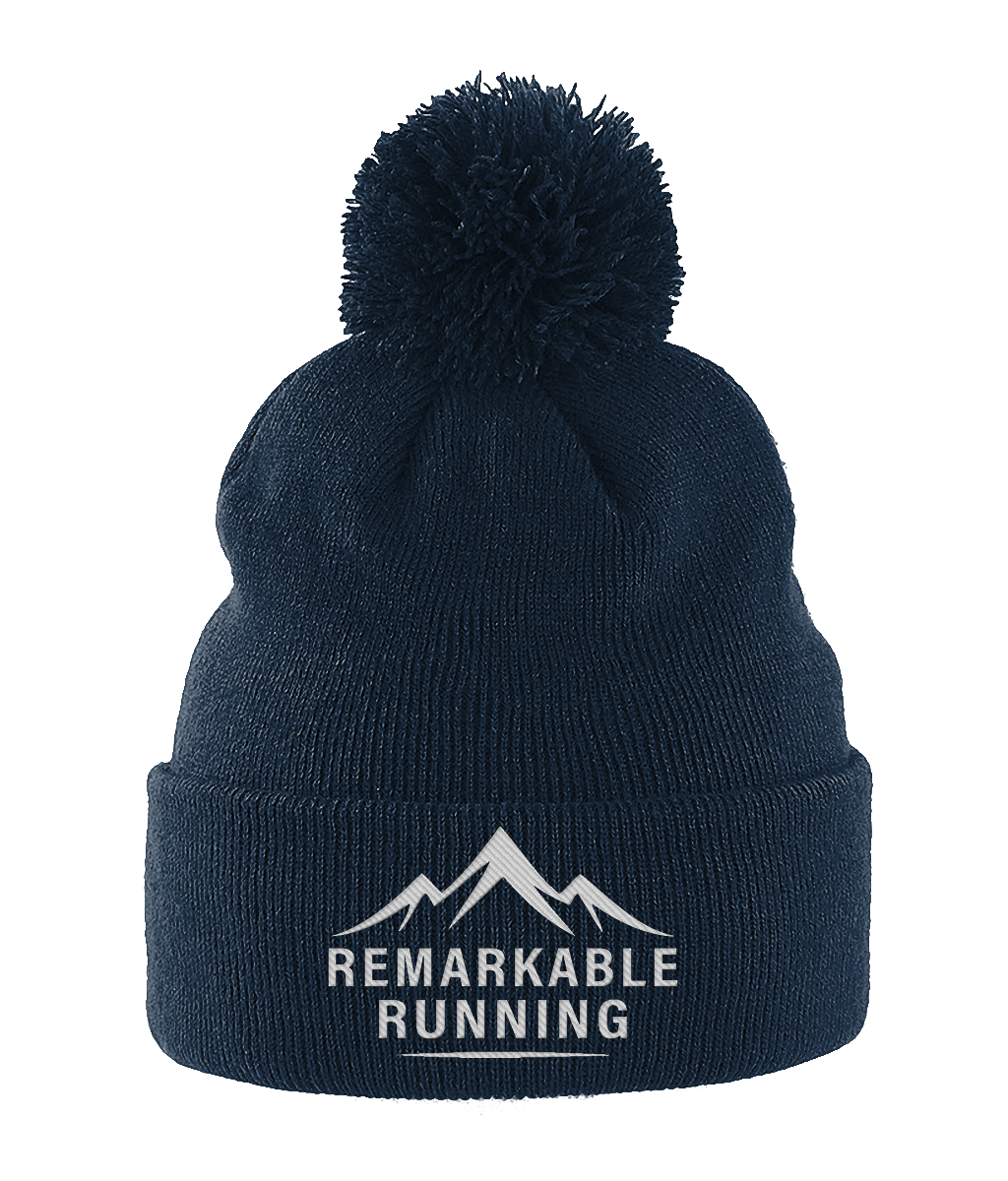 Navy Blue Pom Pom Beanie Hat with 'Remarkable Running' logo