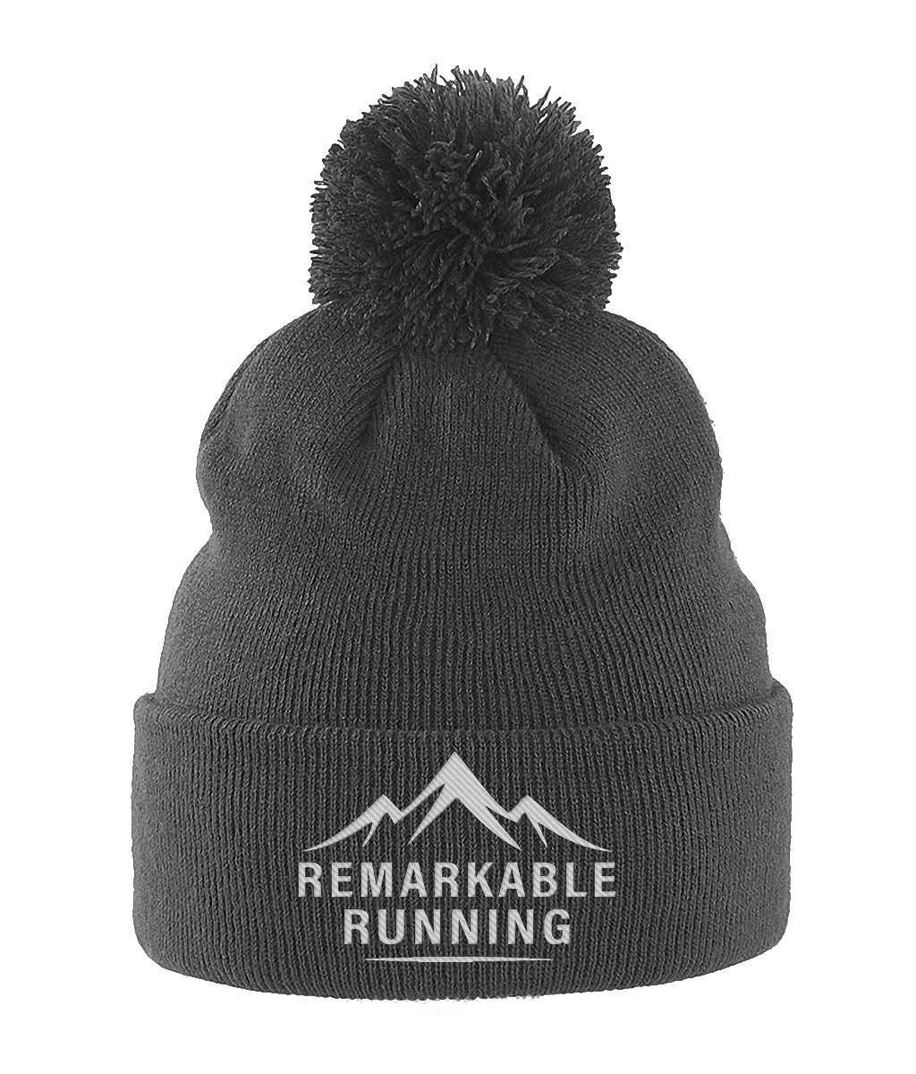 Grey Pom Pom Beanie Hat with 'Remarkable Running' logo